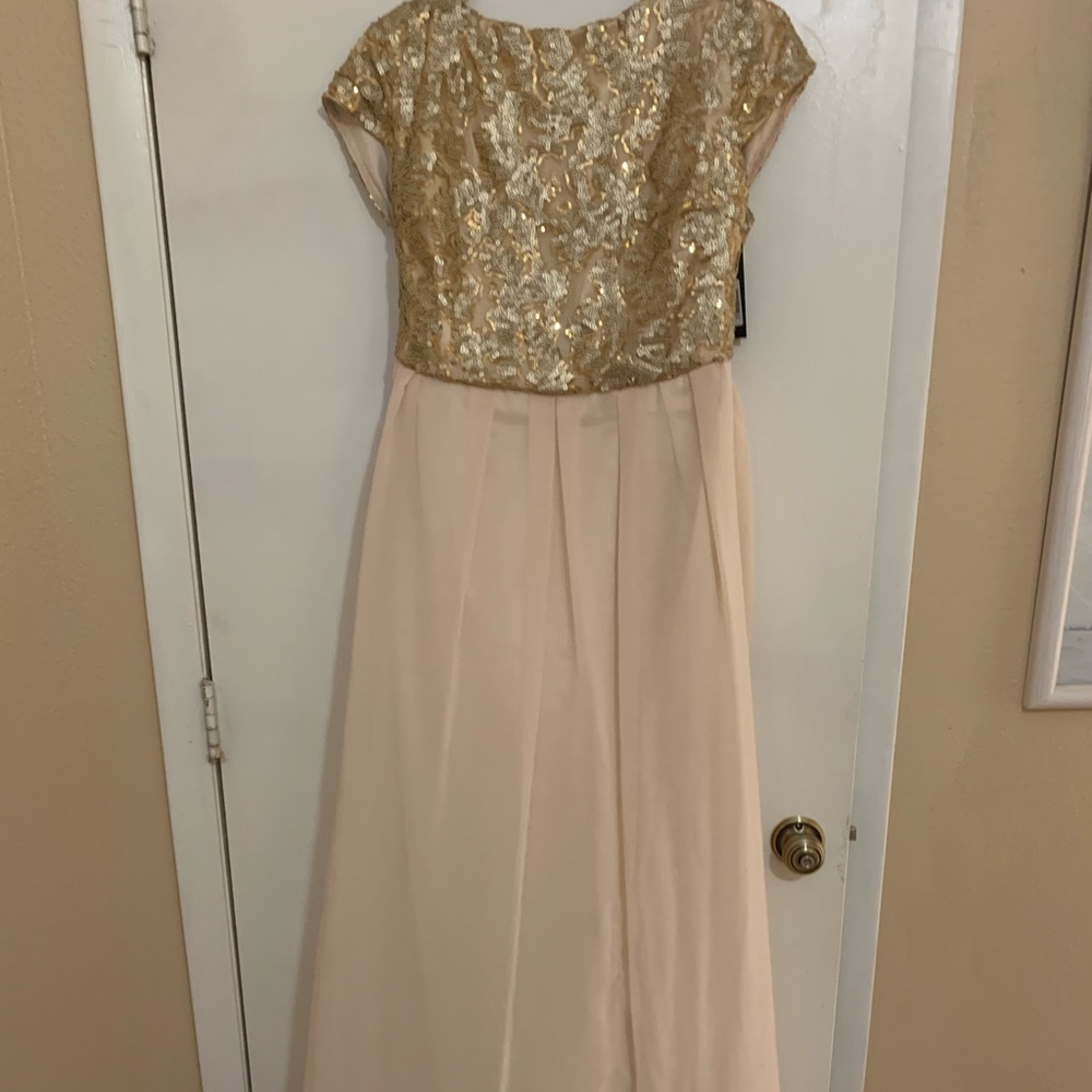 Gold sequined formal gown with cream chiffon overlay skirt- Size 12